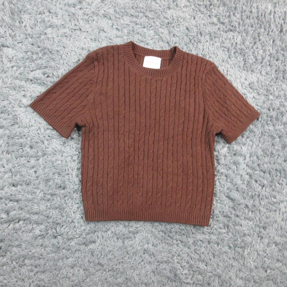 Pink Rose Sweater Womens Medium Brown Cable Knit Short Sleeve Crewneck NWT